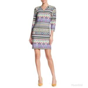 Nicole Miller Womens Purple Geo Print Elbow Sleeve Shift Dress Sz 14 New